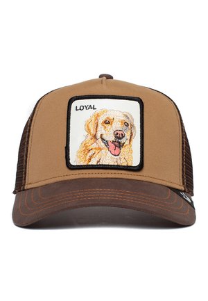 Brauner Hut mit Netzrücken, der ein gesticktes Patch eines Golden Retrievers zeigt, mit dem Wort "Loyal" darüber.