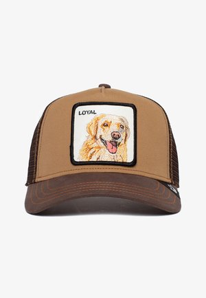 Gorra marrón con parte trasera de malla que presenta un parche bordado de la cara de un golden retriever, detallado con la palabra "Leal" encima.