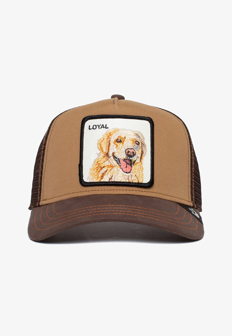 Gorra marrón con parte trasera de malla que presenta un parche bordado de la cara de un golden retriever, detallado con la palabra "Leal" encima.