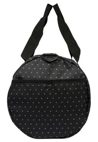 Sac en tissu noir rond avec de petits signes plus blancs, une poche avant à boutons et une large bandoulière.