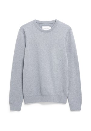 Grauem Rundhalspullover aus weichem Stoff. Mit gerippten Bündchen und Saum, mit etikettem Sicht im Nackenbereich.