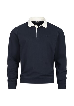 Dunkelblauer Pullover mit einem weißen Kragen, langen Ärmeln und einem dezenten Logo auf der Brust. Strukturiertes Material, taillierte Passform.
