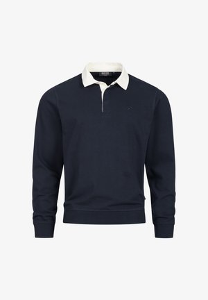 Dunkelblauer Pullover mit einem weißen Kragen, langen Ärmeln und einem dezenten Logo auf der Brust. Strukturiertes Material, taillierte Passform.