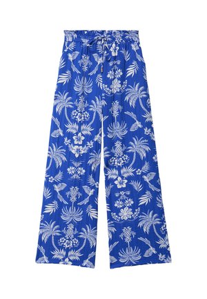 Niebieskie spodnie o szerokich nogawkach z białym tropikalnym nadrukiem kwiatów, ananasów, palm i ptaków, z elastycznym pasem ze sznurkiem do regulacji.