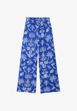 Blå bukser med vidde i benene med hvidt tropisk floral-, ananas-, palme- og fugleprint, med elastisk talje og snøre.