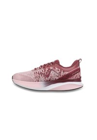 Lightweight athletic shoes in gradient pink, featuring a textured knit upper, curved design, and contrasting dark outsole with laces.