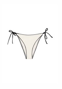 Bikini bottom in cream fabric with black accents. Features adjustable side ties and a high-cut design with minimal coverage. Smooth texture.