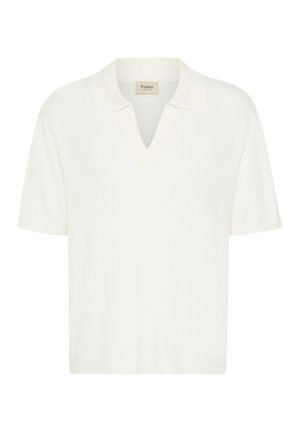 Fehér rövid ujjú kötött galléros póló V-nyakkivágással, a nyakkivágás belsejében "fransa" felirattal.