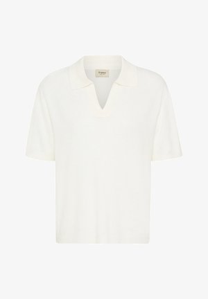 Fehér rövid ujjú kötött galléros póló V-nyakkivágással, a nyakkivágás belsejében "fransa" felirattal.