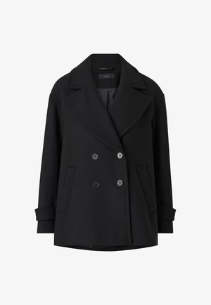 Dobbeltbrystet sort frakke i uldblanding, med store klapper, to forlommer og knaplukning. Glat tekstur, struktureret form.