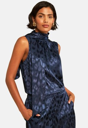Love & Roses, PETITE FIT - ANIMAL PRINT SATIN JAQCUARD TIE NECK SLEEVESS TOP - Blouse - navy