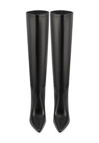 Pair of tall, black, pointed-toe leather boots with a sleek, smooth finish, standing upright side by side.