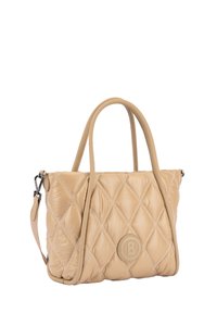 Béžová prošívaná kabelka se strukturovaným tvarem, vybavená dvěma poutky a odnímatelným ramenním popruhem. Obsahuje detail s kruhovým logem.