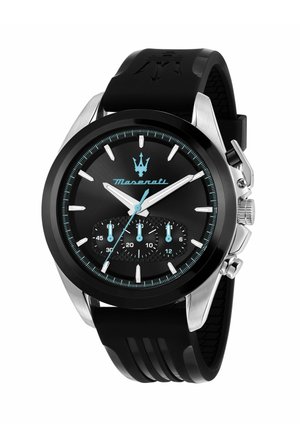 Orologio da polso Maserati nero e argento con quadrante nero, accenti blu, tre sottoquadranti, lancette argento e cinturino in gomma nero con logo tridente.