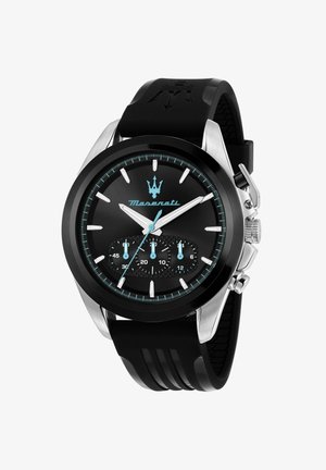 Orologio da polso Maserati nero e argento con quadrante nero, accenti blu, tre sottoquadranti, lancette argento e cinturino in gomma nero con logo tridente.
