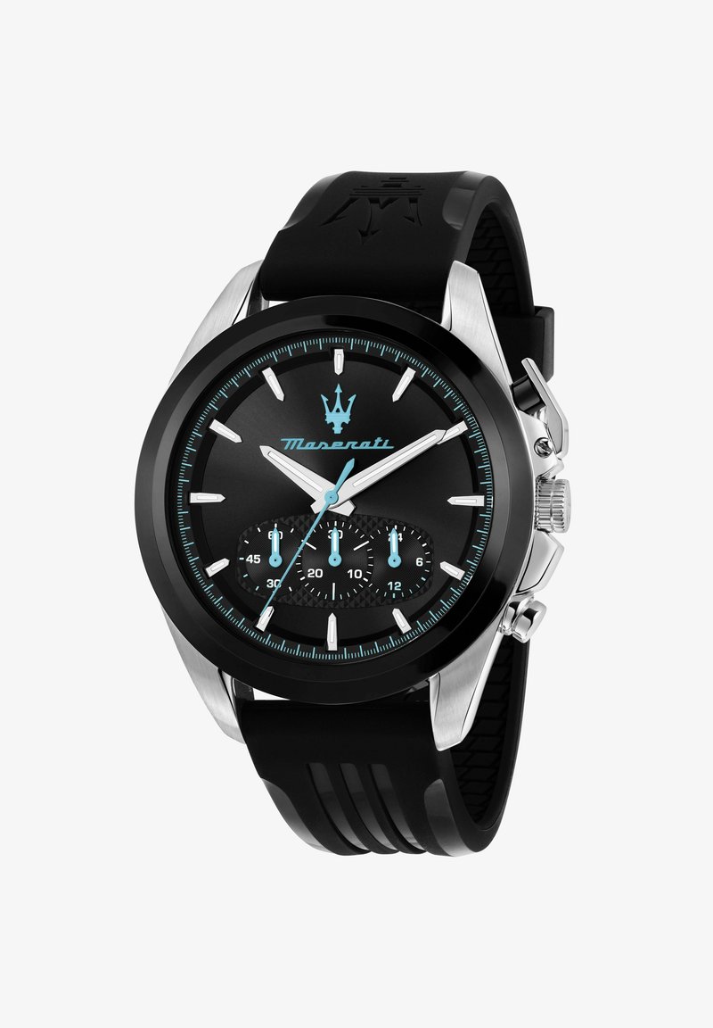 Orologio da polso Maserati nero e argento con quadrante nero, accenti blu, tre sottoquadranti, lancette argento e cinturino in gomma nero con logo tridente.