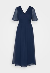 Mörkblå, midiklänning med V-ringning, korta volangärmar, åtsittande midja och en flödande kjol i lätt, strukturerad tyg.