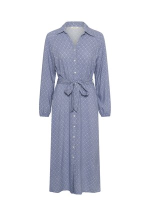 Blue long-sleeve button-down dress with small white fan pattern, collar, and waist tie belt.