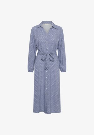 Blue long-sleeve button-down dress with small white fan pattern, collar, and waist tie belt.