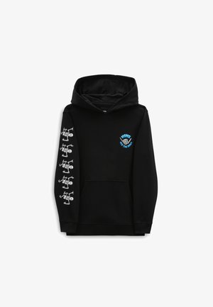 Felpa nera in cotone. Presenta una tasca frontale, cappuccio con stringa, grafiche di scheletro bianco sulle maniche e logo sul petto.