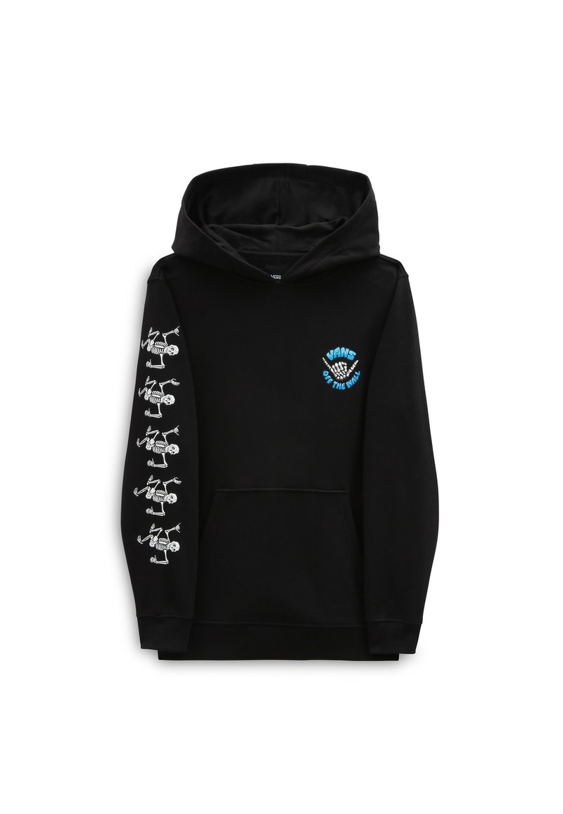 Felpa nera in cotone. Presenta una tasca frontale, cappuccio con stringa, grafiche di scheletro bianco sulle maniche e logo sul petto.