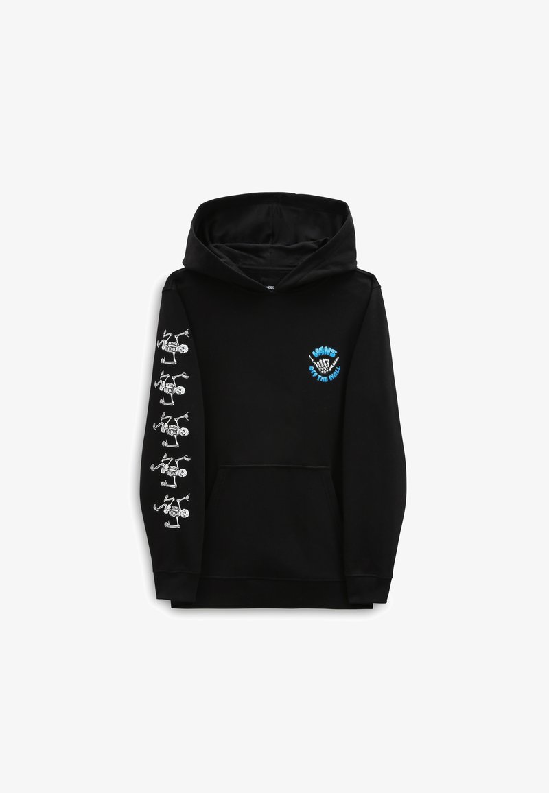 Felpa nera in cotone. Presenta una tasca frontale, cappuccio con stringa, grafiche di scheletro bianco sulle maniche e logo sul petto.