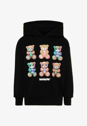 Felpa con cappuccio nera con sei orsetti colorati in stile patchwork disposti su due file sopra il logo bianco "BARROW".