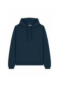 Sudadera azul marino de tejido suave, con un gran bolsillo frontal, capucha con cordón y puños y dobladillo de canalé. Diseño clásico tipo pullover.