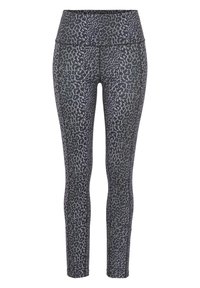 Geprinte leggings in zwart en grijs, met een hoge tailleband en een textuurdesign van dierenprint door het hele materiaal. Zacht, rekbaar stof.