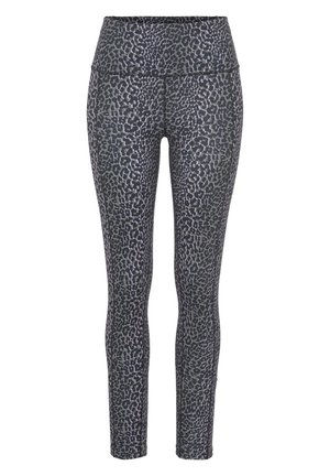 Leggings stampati in nero e grigio, con una vita alta e un design a stampa animalier testurizzato su tutta la superficie. Tessuto morbido ed elastico.