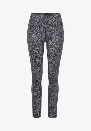Patterned leggings in black and gray, featuring a high waistband and a textured, animal print design throughout. Soft, stretchy fabric.