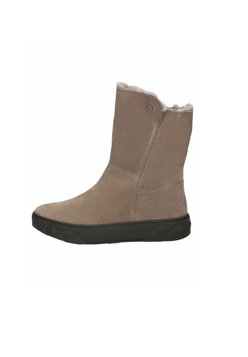 Bottines en daim marron avec doublure en fausse fourrure, semelle en caoutchouc noir et bout rond ; présente un détail de bouton sur le côté et une construction solide.