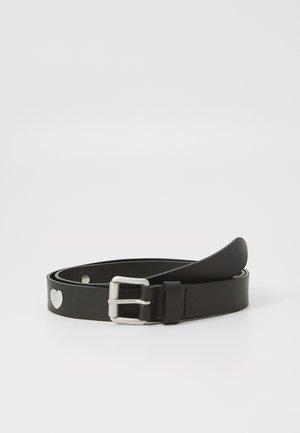 Black leather belt featuring a silver metal buckle, smooth texture, and a heart-shaped accent on the strap. Curved end design.