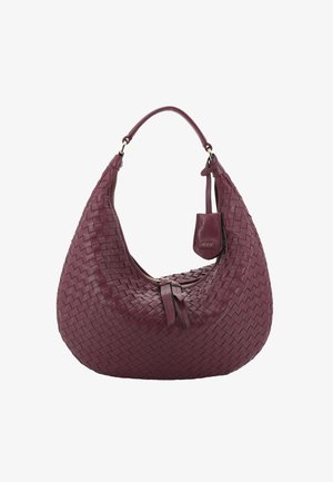 Woven leather hobo bag in deep burgundy with single handle, zipper closure, and small attached leather tag with brand name.