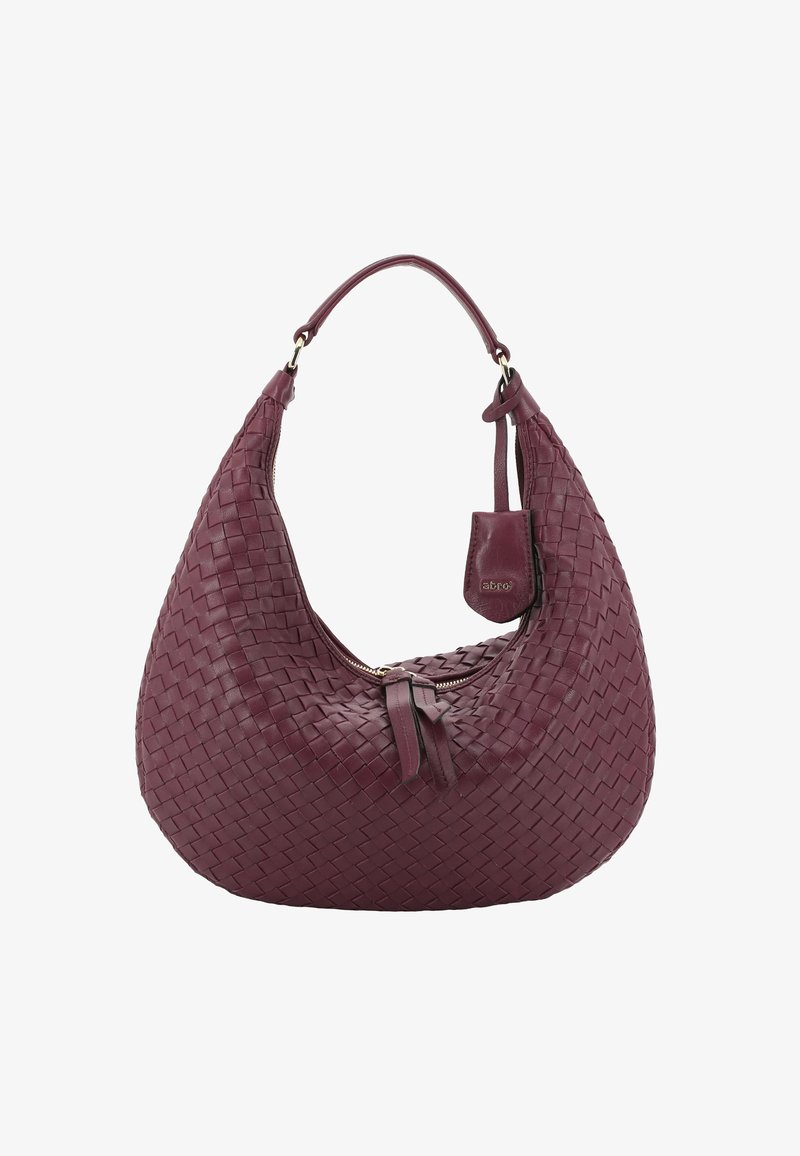 Woven leather hobo bag in deep burgundy with single handle, zipper closure, and small attached leather tag with brand name.