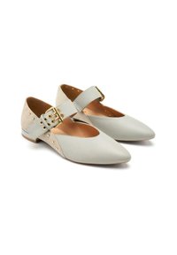 Mocasines Mary Jane de cuero gris que presentan una punta afilada, una correa con hebilla redonda y tachuelas doradas en el costado. Diseño de tacón plano.