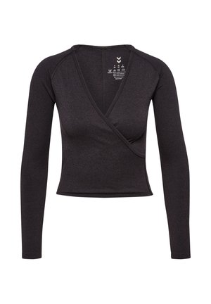 Zwarte langlopende wikkeltrui met een aansluitend ontwerp, gemaakt van een rekbaar stoffenmengsel. Bevat een V-hals en minimale stikdetails.