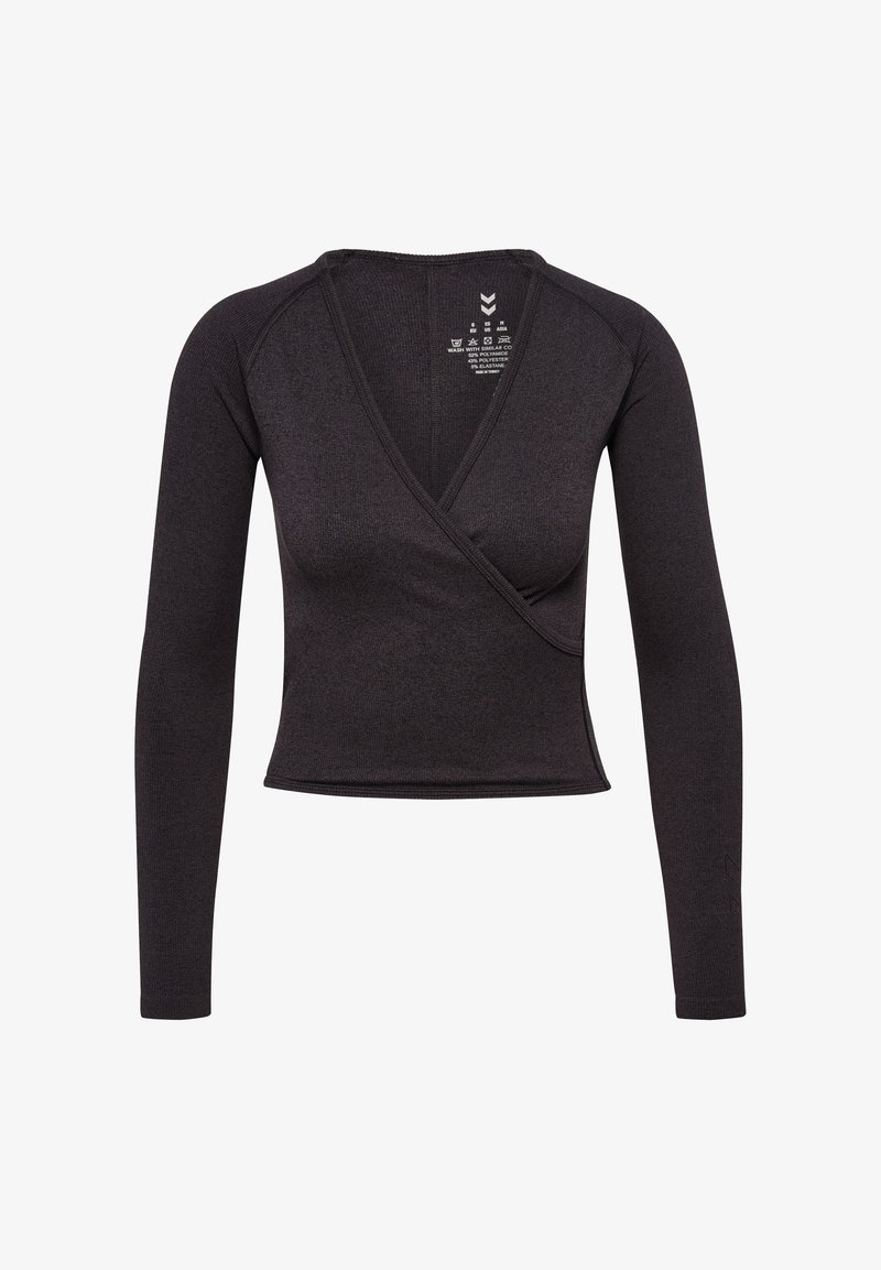 Schwarzes Langarm-Wickeltop mit taillierter Passform, aus einem elastischen Stoffgemisch gefertigt. Verfügt über einen V-Ausschnitt und minimale Nähdetails.