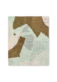 Patterned fabric in muted colors, featuring abstract shapes in brown, mint green, and white. Texture appears soft with a linen-like quality.