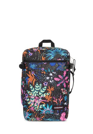 Black backpack with colorful floral patterns in blue, pink, and orange. Features a top handle, zippered compartment, and adjustable strap.