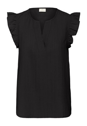 Musta bloossi, jossa on lyhyet röyhelöhiat, V-pääntie ja tekstuurinen kangas. Ominaisuuksiin kuuluu rento istuvuus ja suora helma.