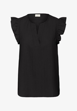 Zwarte blouse met korte ruches mouwen, V-hals en textuurstof. Beschikt over een ontspannen pasvorm en een rechte zoom.