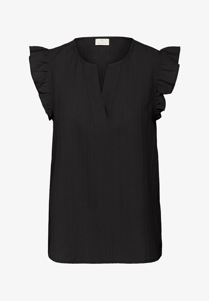 Blusa negra con mangas cortas con volantes, escote en V y tejido texturizado. Presenta un corte holgado y un dobladillo recto.