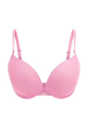 Roze gewatteerde beha met een gestructureerd bloemenpatroon, verstelbare bandjes en een haak-en-oogsluiting aan de achterkant voor een veilige pasvorm.