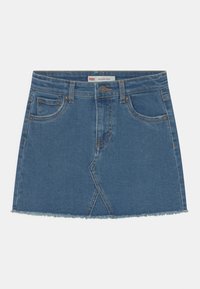 Jeansminikjol i ljusblått med hög midja, femficksdesign, knappstängning och detaljerad med fransad fåll.