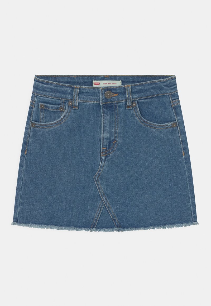 Jeansminikjol i ljusblått med hög midja, femficksdesign, knappstängning och detaljerad med fransad fåll.