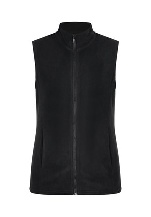 Gilet in pile senza maniche di colore nero, con colletto alto, zip frontale e tasche laterali, caratterizzato da una texture liscia e un design semplice.