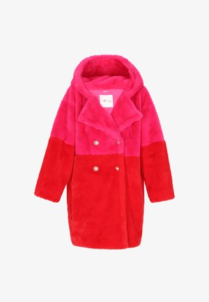 Faux fur double-breasted coat with a hood, featuring bright pink upper half and sleeves, and vibrant red lower half, with gold buttons.