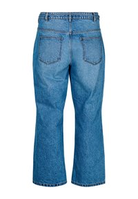 Pantalones vaqueros de mezclilla azul con corte recto, cinco bolsillos y cintura reforzada. La tela tiene una superficie sutil y texturizada.
