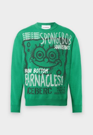 Jersey de punto verde con un gráfico de Bob Esponja, patrones de texto y puños acanalados. Frases destacadas incluyen "¡Estoy listo!" y "¡Percebes!"